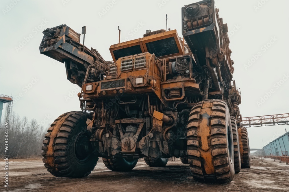 Enormous huge vehicle of incomprehensible purpose, as if assembled from different parts of construction equipment machines, ai generated image