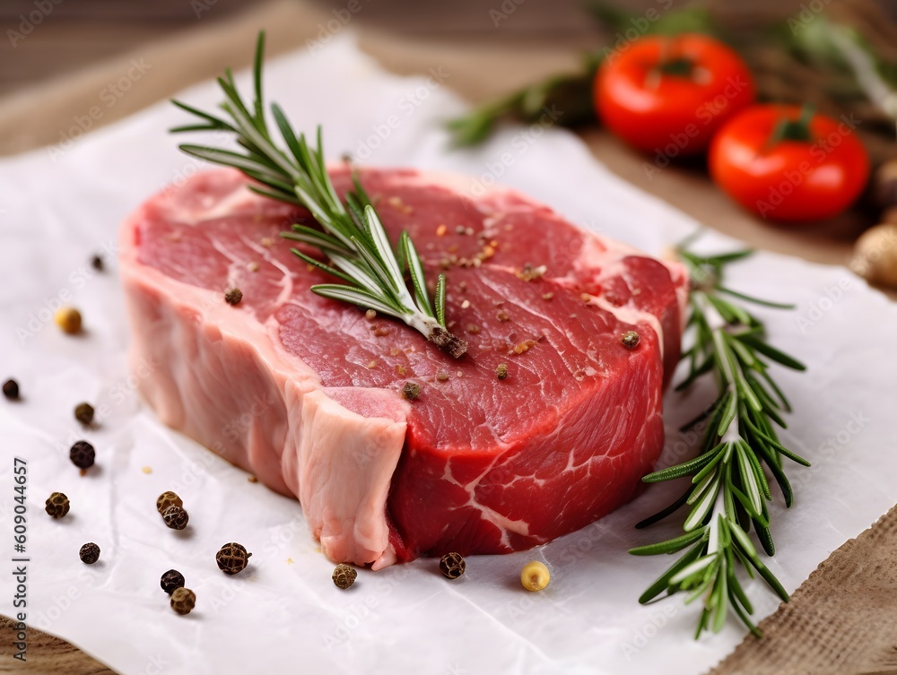Fresh raw meat with rosemary and spices, closeup Fresh raw meat with rosemary and spices, closeup