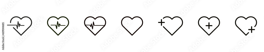 Heart vector icon.  Collection of vector heartbeats signs or linear icons.   Heart shape with pulse line. Vector illustration