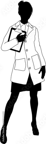 Silhouette person female scientist, engineer or professor woman in lab coat. Holding clipboard checklist, maybe doing experiment or surveying. Alternatively chemist, science teacher or pharmacist.