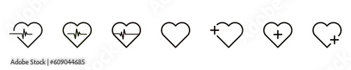 Heart vector icon.  Collection of vector heartbeats signs or linear icons.   Heart shape with pulse line. Vector illustration