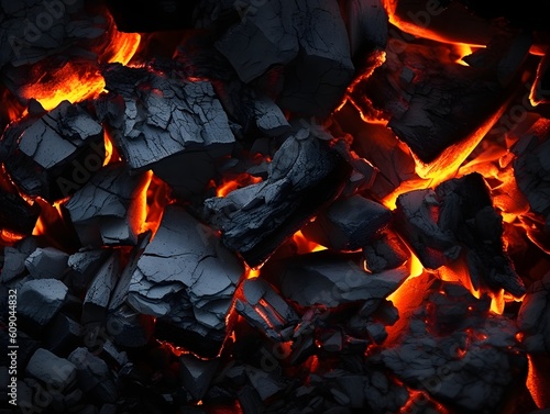 Hot coal pieces background, top view, close up