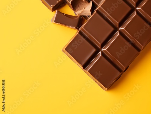 Chocolate bars on yellow background, closeup, space for text, copy space