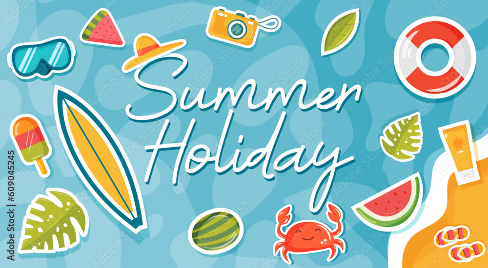 Summer holiday - title and colorful editable vector illustrations - Set of positive illustrations - beach, waves and sand