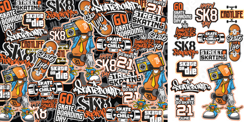 Skateboard graffiti vector illustrations. Set of Skateboard Graffiti sticker pack design artwork 