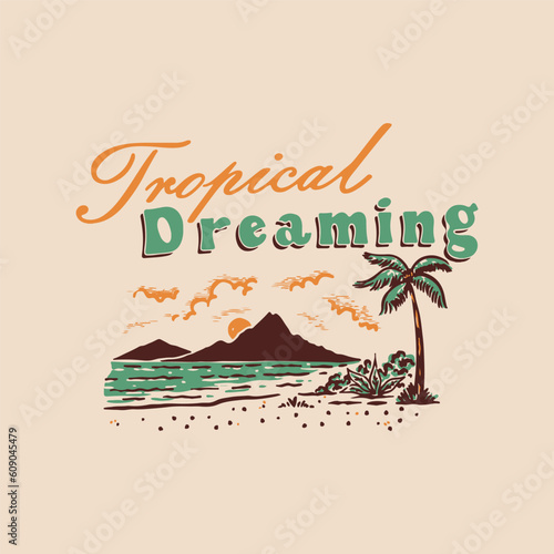 beach illustration tropical graphic summer design mountain vintage palm t shirt paradise
