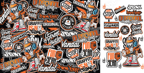 A set of colorful graffiti art sticker illustrations. Graffiti sticker design artwork