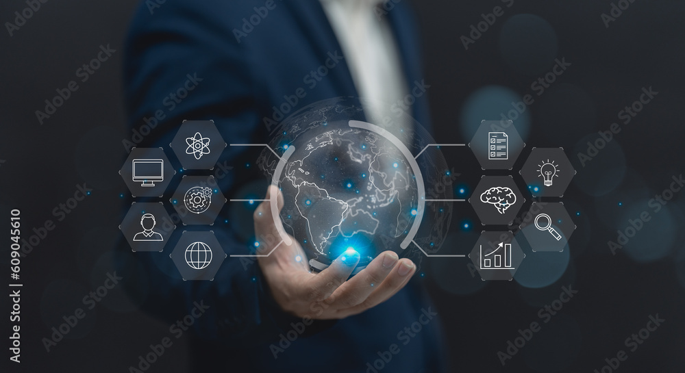 Fototapeta premium Big data and analytics visualization technology with scientist analyzing information structure on virtual screen, machine learning to extract predictions for business, internet of things, iot 