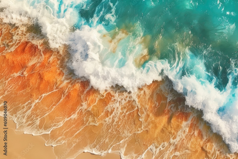 Sandy beach and vibrant blue ocean wave. Generative AI