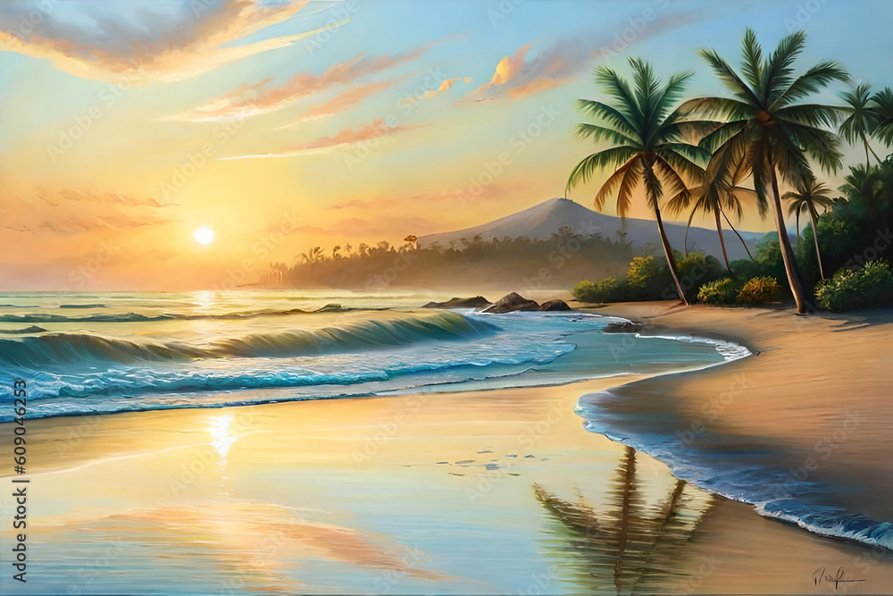 A serene beachscape at sunrise, with golden rays of light painting the sky and shimmering on the calm waters, palm trees swaying gently in the breeze, and a sense of tranquility and serenity pervading