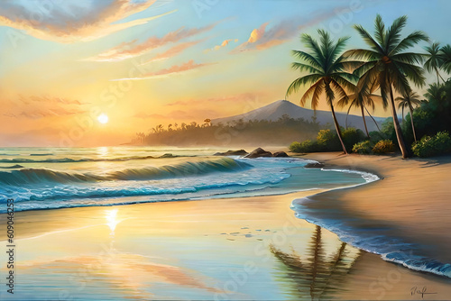 A serene beachscape at sunrise, with golden rays of light painting the sky and shimmering on the calm waters, palm trees swaying gently in the breeze, and a sense of tranquility and serenity pervading