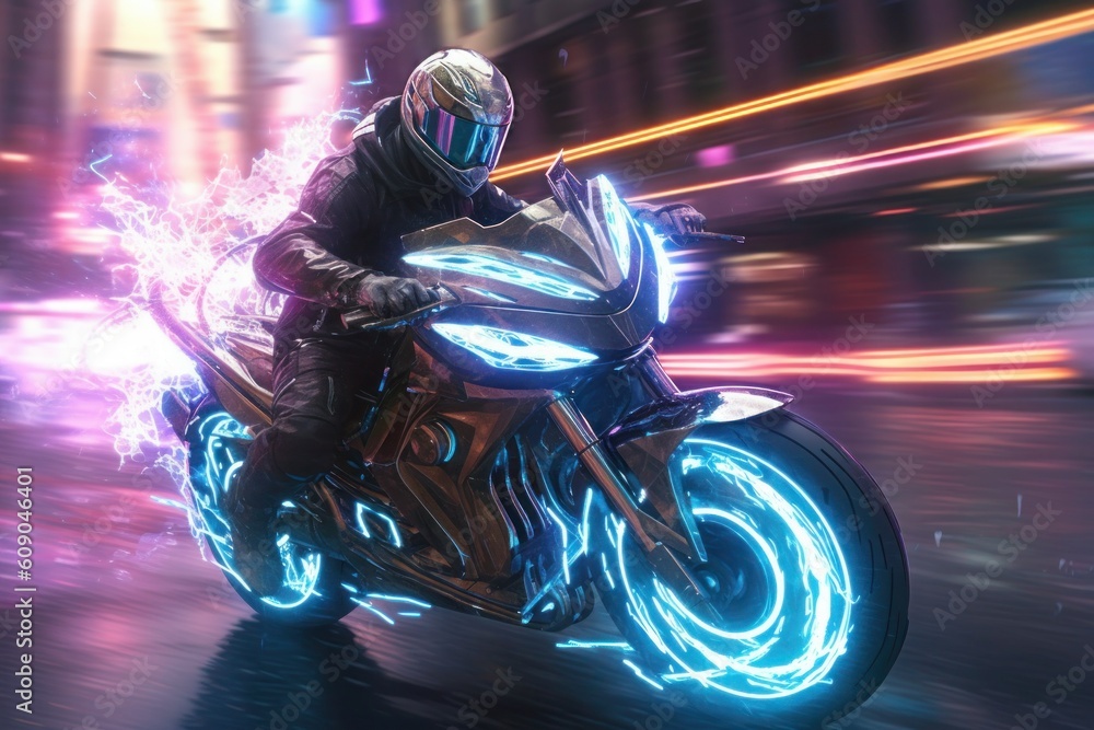 a person with futuristic suit is riding on futuritic motorbike, with thunder light, in the style of metallic rotation. Generative Ai