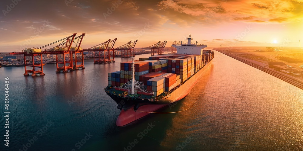 Harboring business. Industrial port and shipping industry. Transport and trade on sunset serenade. Oceanic transportation and commerce