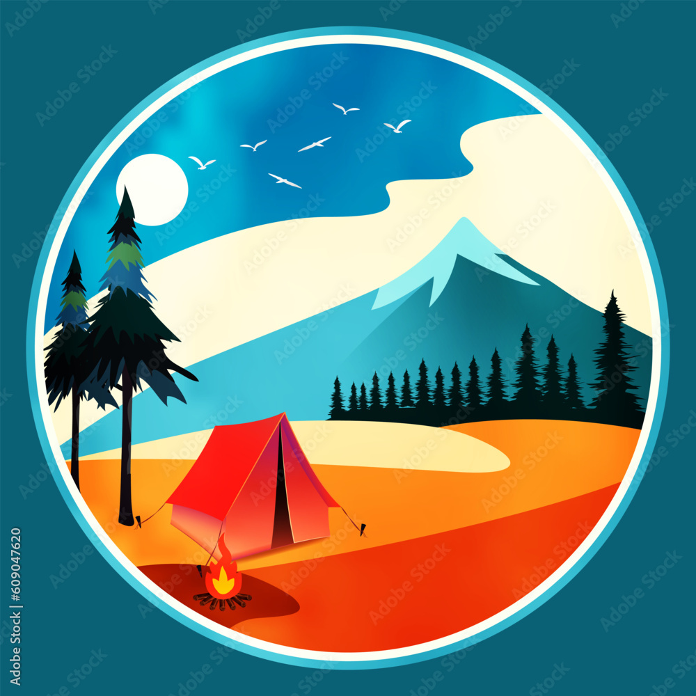 Camping tent with landscape
