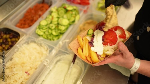 Process of preparing a kebab fast food putting the white sauce and hummus on a plate with fries and vegetables in
