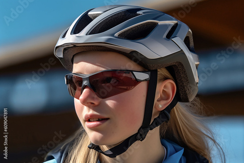 Young woman in helmet and goggles riding down on Mountainbike © Dar1930