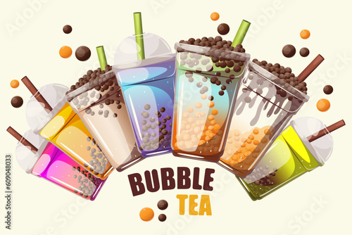 Background with bubble tea.Bubble tea with tapioca in plastic cups.Web banner.Vector illustration.