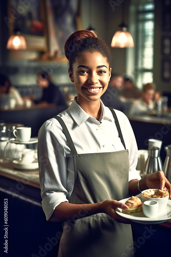 Nice and smiling waitress while working in a caf  . AI generativ.