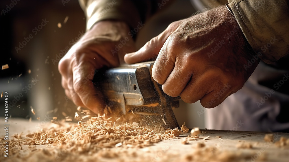 Man grinds wood view up close Man grinds wood view up close