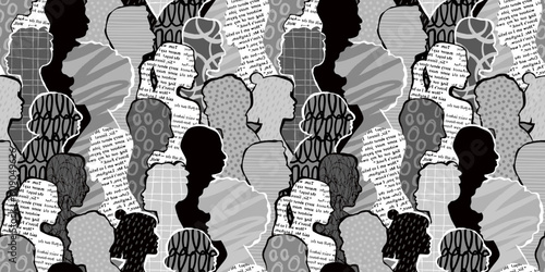 Gray scale diverse people crowd abstract art seamless pattern. Multi-ethnic person gray color community team, retro cultural diversity group background illustration in black and white. 