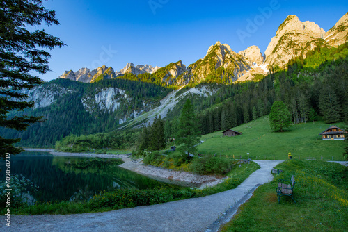 Dawn on the Alpine lake.