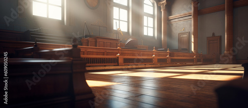 Banner with empty courtroom for design. Template with copy space. Generated AI. photo