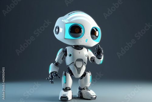 Cute robot pointing at something on dark background, ai generated