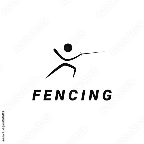 Fencing Logo Design Concept With Outline People And Sword Icons