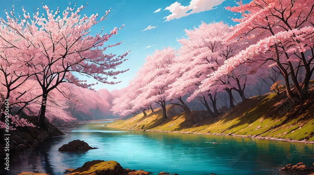 flowing river with pink cherry blossom trees