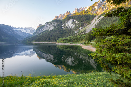 Dawn on the Alpine lake.