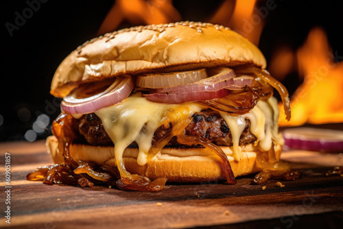 Tasty smash meat burger with cheese on wooden table and fire flames background. Ai generative