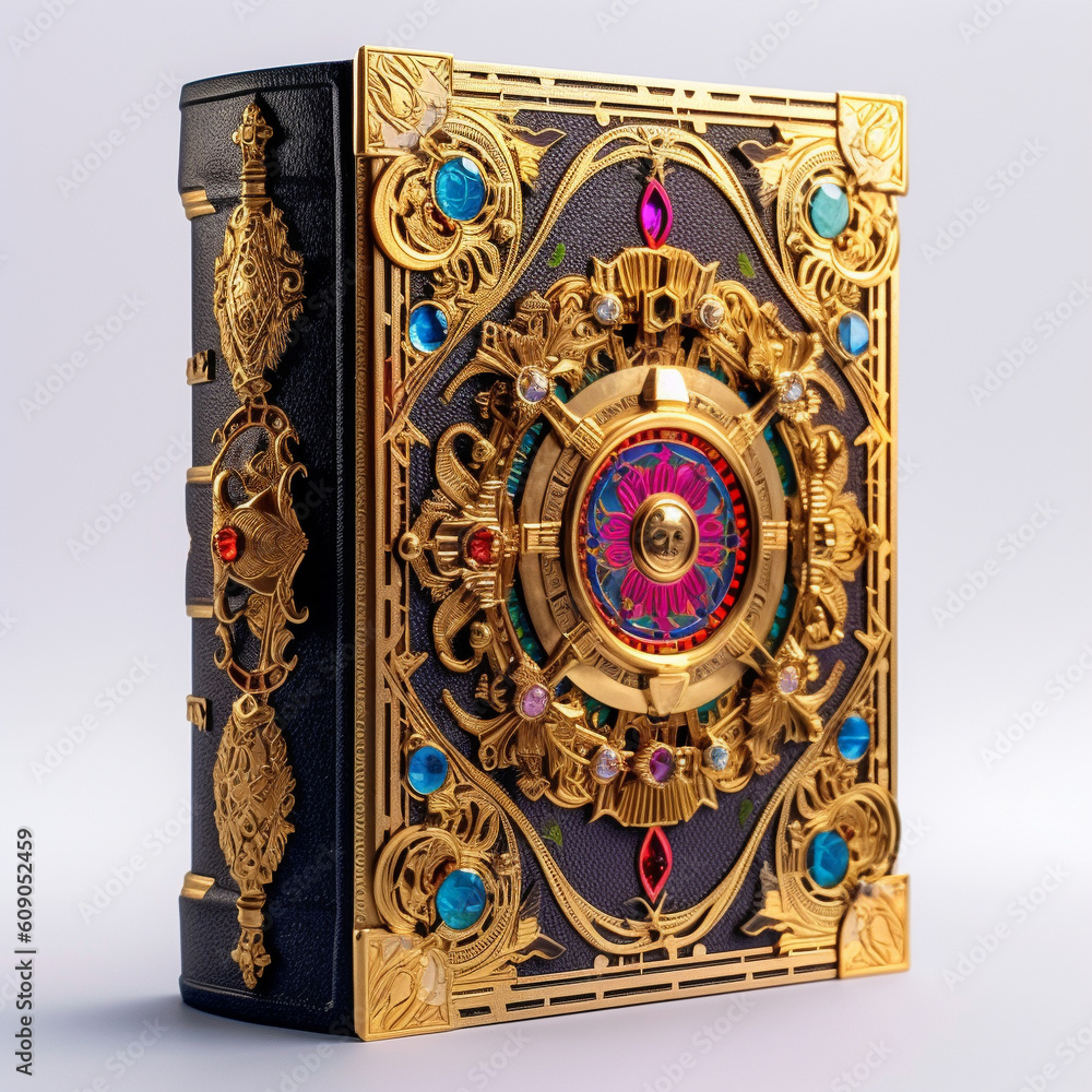 Obraz premium rendering of a [classic leather-bound book], adorned with [intricate gold leaf designs] created with generative AI software