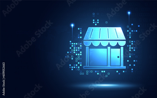 Futuristic store shop glowing blue digital transformation abstract pixels technology background. Innovative cyber tech and Business online market concept. Copy space. Vector illustration