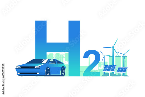 The concept of using hydrogen as a fuel for cars. Hydrogen production infrastructure and car. Vector illustration..