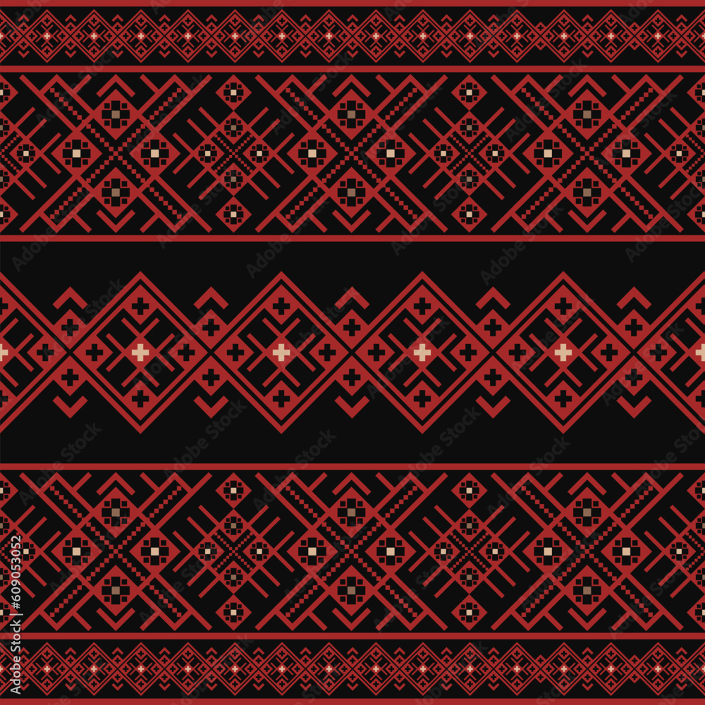 Textile pattern on dark vector background. Seamless ethnic design pattern.