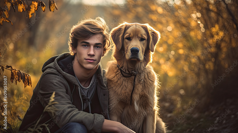 Happy young man sitting with his dog in park outdoors Generative AI