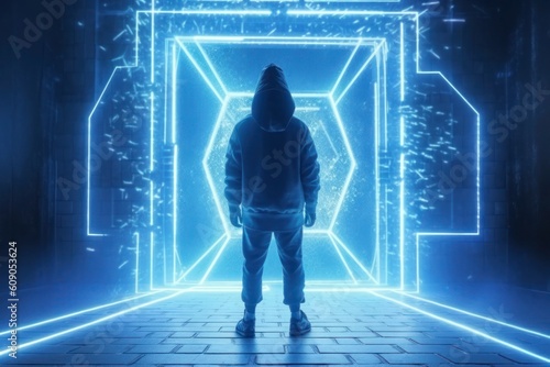 A Mysterious Man Standing in Front of a Portal. In The Style Of Metallic Rotation, Tesseract, 32k UHD. Generative ai