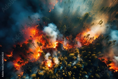 forest fire in a very large forest aerial view generative ai © Nico