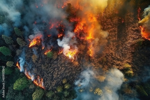 forest fire in a very large forest aerial view generative ai