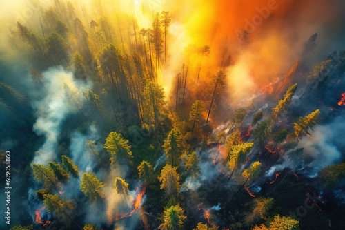 forest fire in a very large forest aerial view generative ai