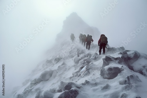 people climbing up mount everest in snow storm generative ai