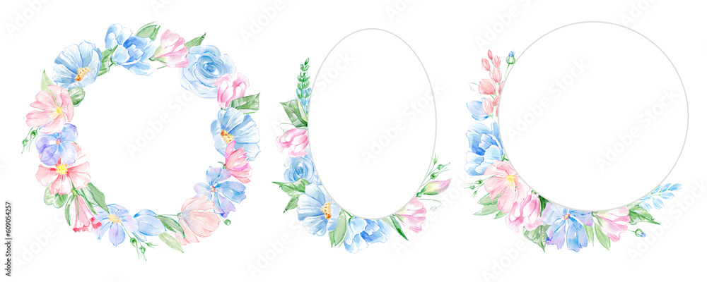 custom made wallpaper toronto digitalWatercolor tiny meadow floral bouquets, borders, wreaths and frames. Pink and blue wild flowers, summer flower, blossom, soft watercolor frame botanical arrangements, Gentle wedding invitation.