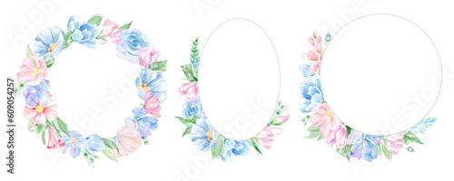 Watercolor tiny meadow floral bouquets  borders  wreaths and frames. Pink and blue wild flowers  summer flower  blossom  soft watercolor frame botanical arrangements  Gentle wedding invitation. 