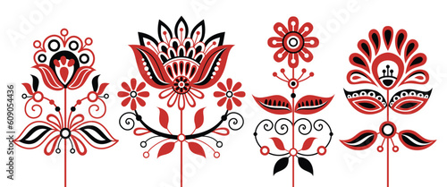 Set of Flowers Inspired by Ukrainian Traditional Embroidery. Ethnic Floral Motif, Handmade Craft Art. Traditional Ukrainian Red and Black Embroidery. Single Design Elements. Vector Illustration