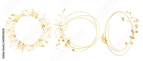 Gold Foil Floral Frame, Gold brush stroke on transparent background. For wedding card, greeting cards, round template for logo, wedding