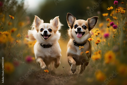 Two happy smiling chihuahua dogs running together in flowers field  generative ai