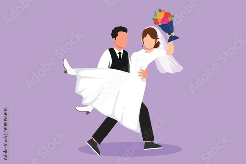 Cartoon flat style drawing man holding beautiful woman wearing wedding dress with bouquet. Boy in love giving flowers. Happy couple getting ready for wedding party. Graphic design vector illustration