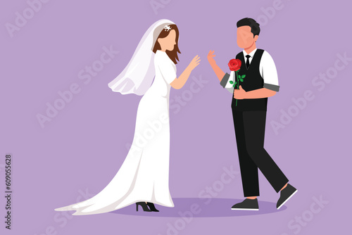 Cartoon flat style drawing adorable married couple in love on romantic date. Smiling boy giving rose flower to cute girl. Young man and woman wearing wedding dress. Graphic design vector illustration