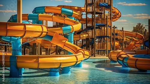 Water park, bright multi-colored slides with a pool. A water park without people on a summer day. Ai Generative