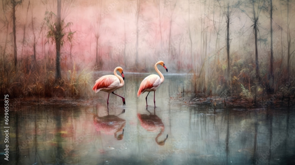 Lovely painting of pink flamingos in a pond with water and reed Generative AI Illustration - obrazy, fototapety, plakaty 